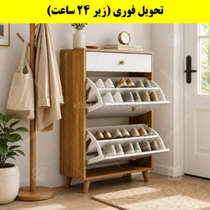 جاکفشی داشبوردی دو درب کشودار دستگیره چوبی – طول 70 (تحویل فوری) سفید گردویی