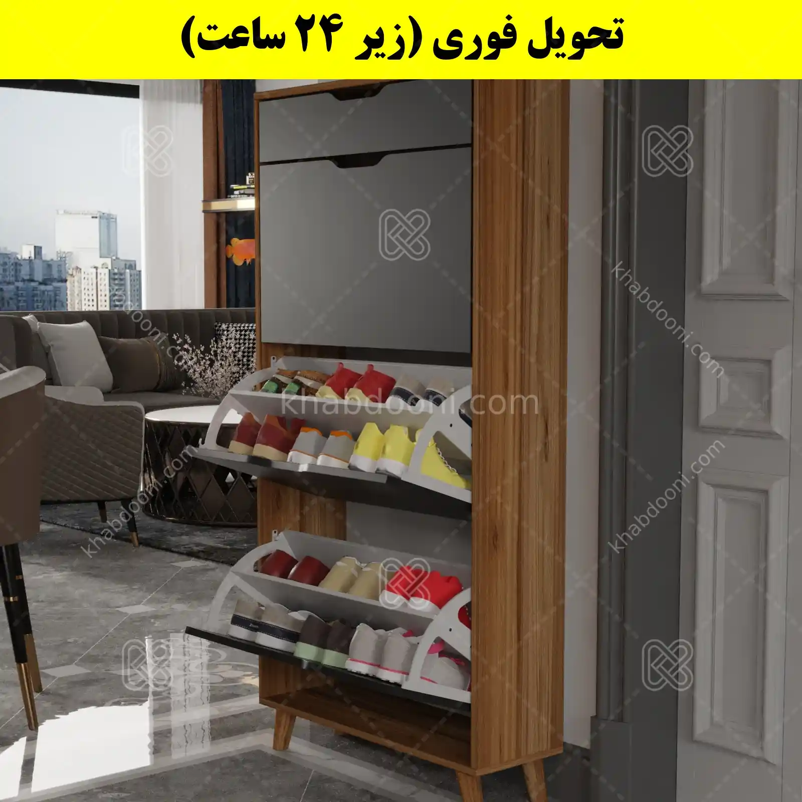 جاکفشی داشبوردی سه درب کشودار النا – طول 70 (تحویل فوری) نوک مدادی گردویی