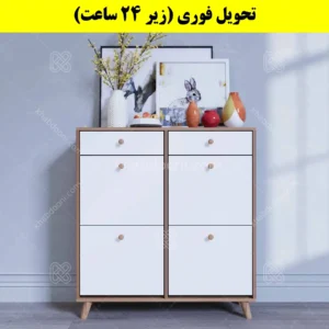 جاکفشی داشبوردی چهار درب کشودار دستگیره چوبی – طول 100 (تحویل فوری) سفید گردویی