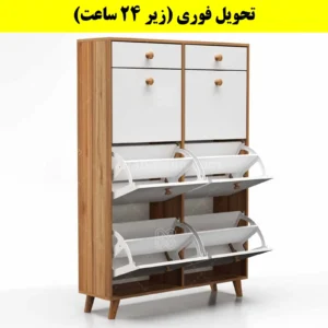 جاکفشی داشبوردی شش درب کشودار دستگیره چوبی – طول 100 (تحویل فوری) سفید گردویی