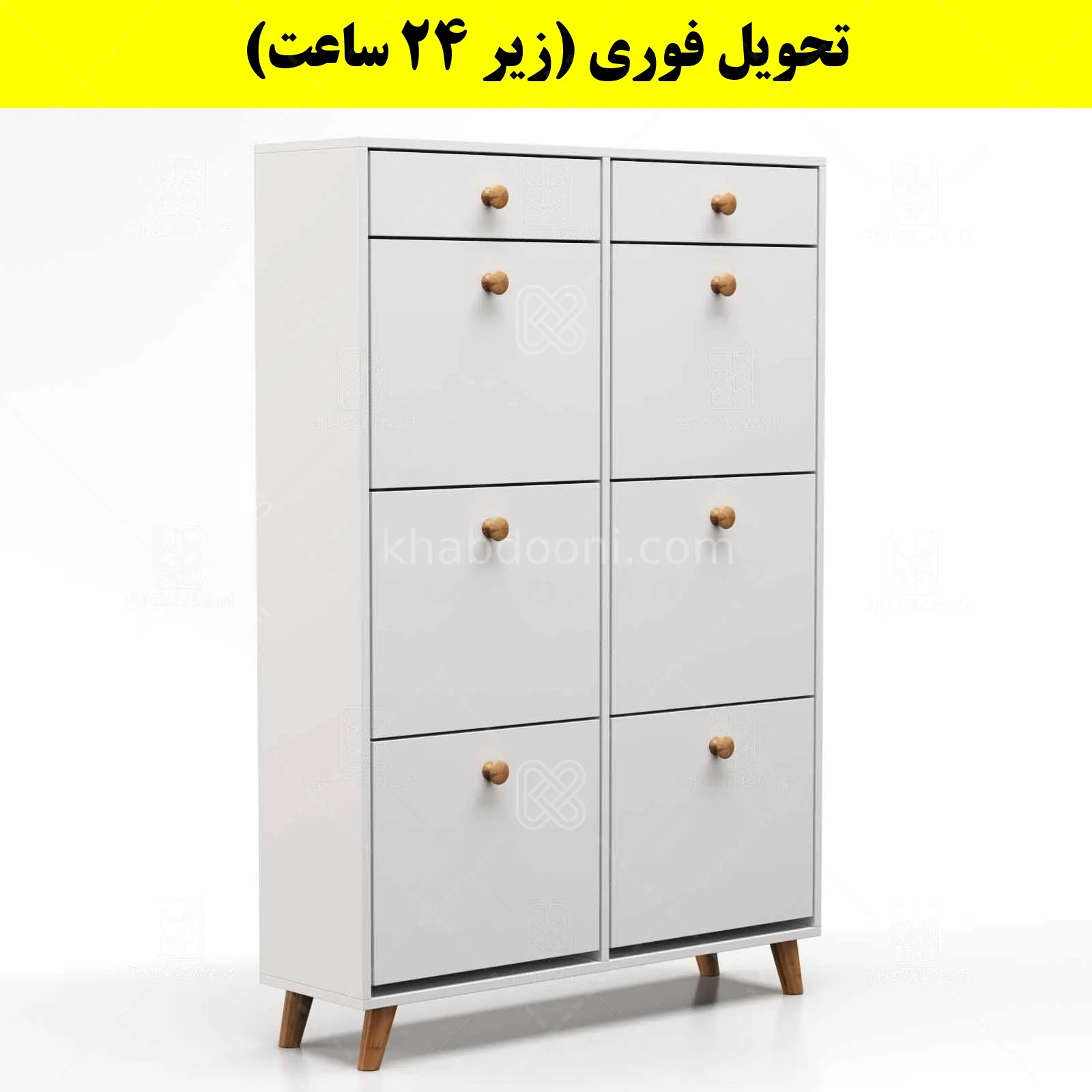 جاکفشی داشبوردی شش درب کشودار دستگیره چوبی – طول 100 (تحویل فوری) سفید
