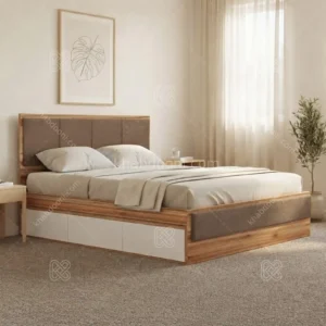 تخت خواب دو نفره یگانه سه کشو سفید گردویی