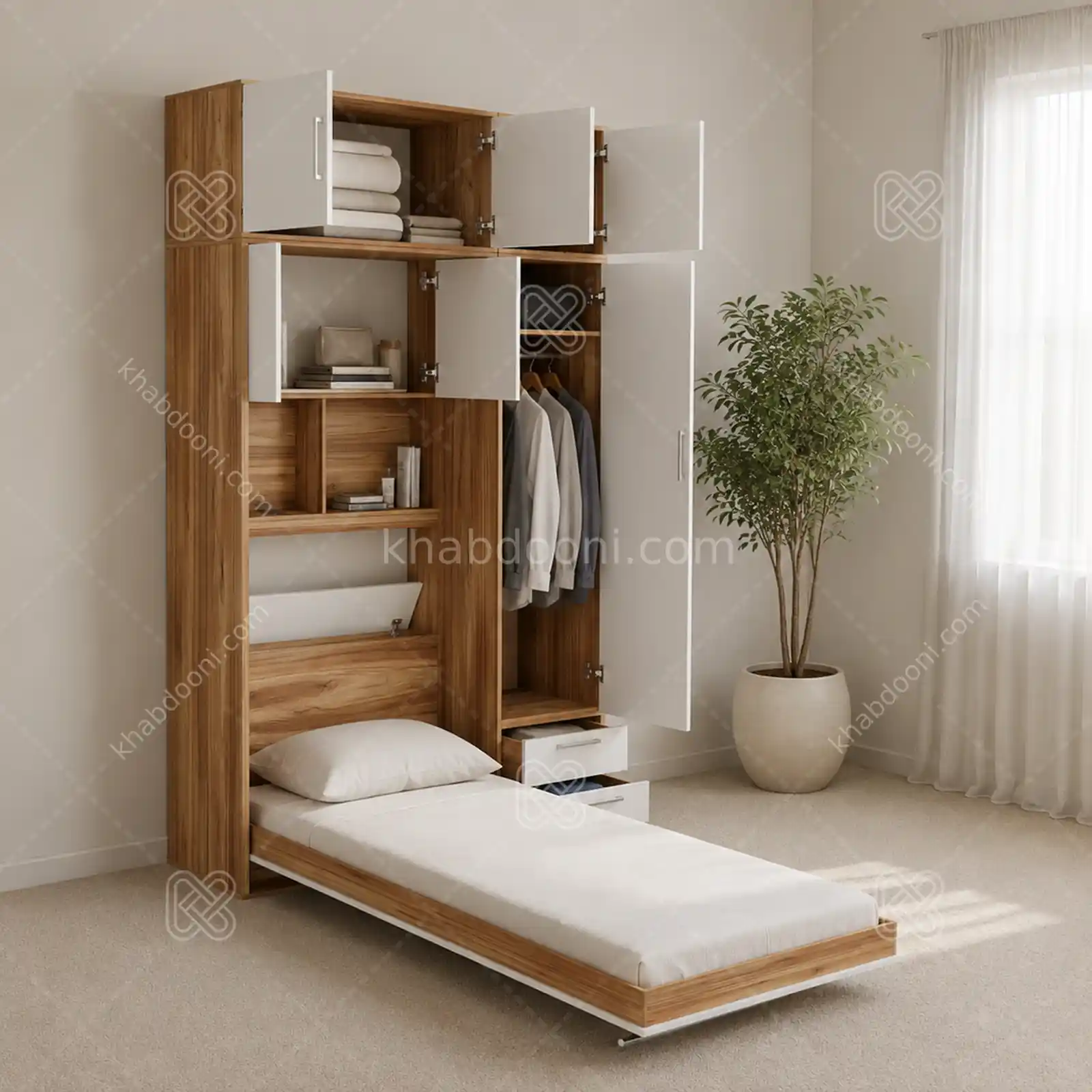 تخت تاشو عمودی تک نفره طول 155 کد 120 سفید گردویی